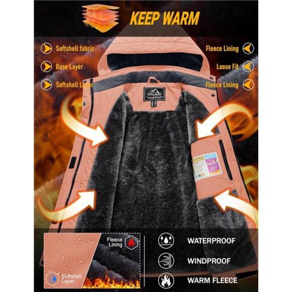 Womens Ski Jacket Waterproof Insulated Snow Jacket Apricot - Picture 2 of 6